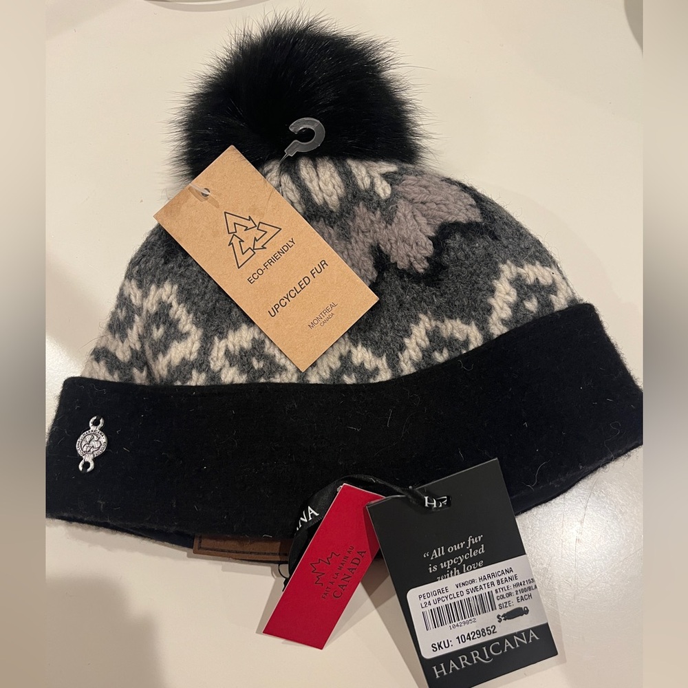 Black and Gray Eco-Friendly Fur Pom-Pom Hat